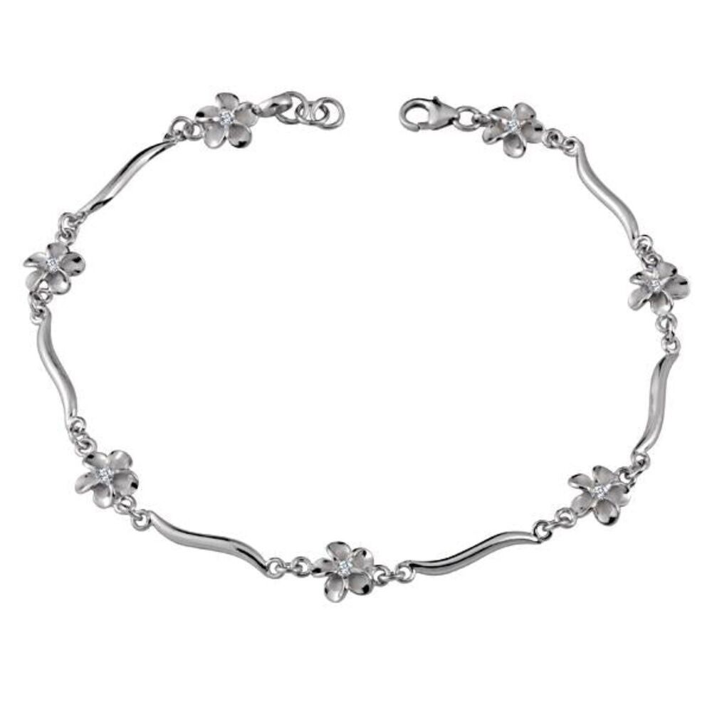 Hawaiian Sterling Silver Coiled Linked Plumeria Flower Anklet with CZ Accents